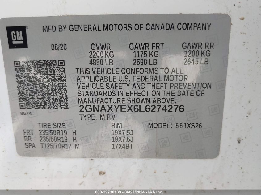 2020 Chevrolet Equinox Awd Premier 2.0L Turbo VIN: 2GNAXYEX6L6274276 Lot: 39730189