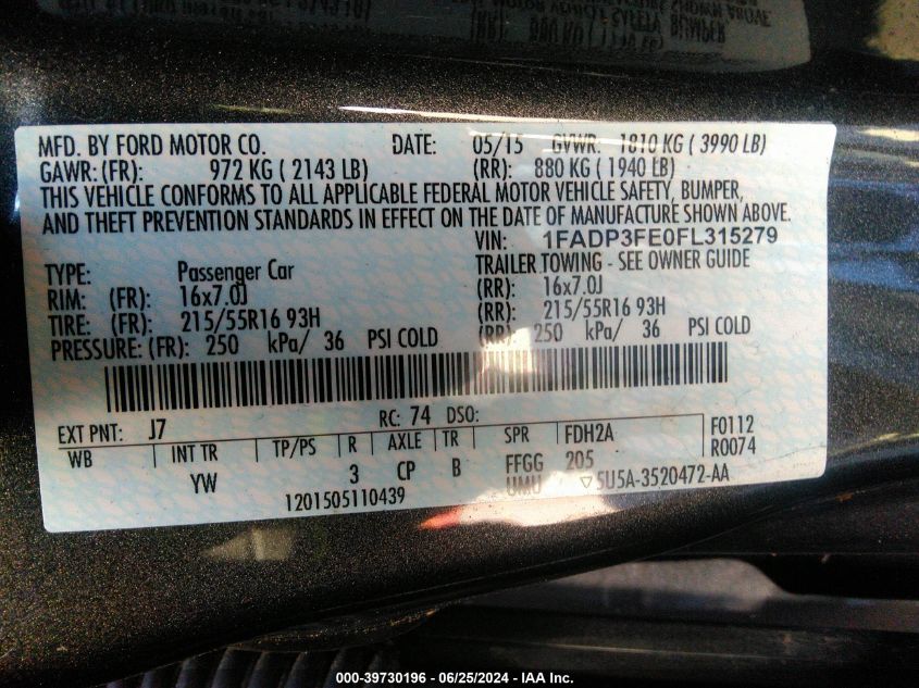 2015 Ford Focus Se VIN: 1FADP3FE0FL315279 Lot: 39730196