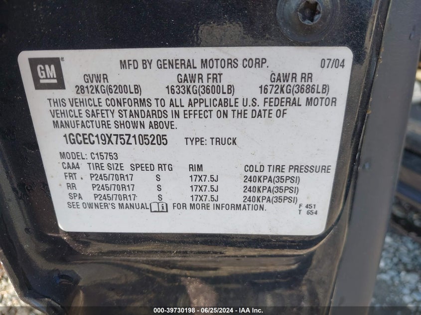 2005 Chevrolet Silverado 1500 Work Truck VIN: 1GCEC19X75Z105205 Lot: 39730198