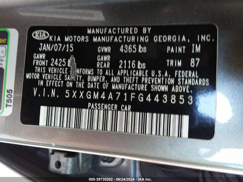 5XXGM4A71FG443853 | 2015 KIA OPTIMA