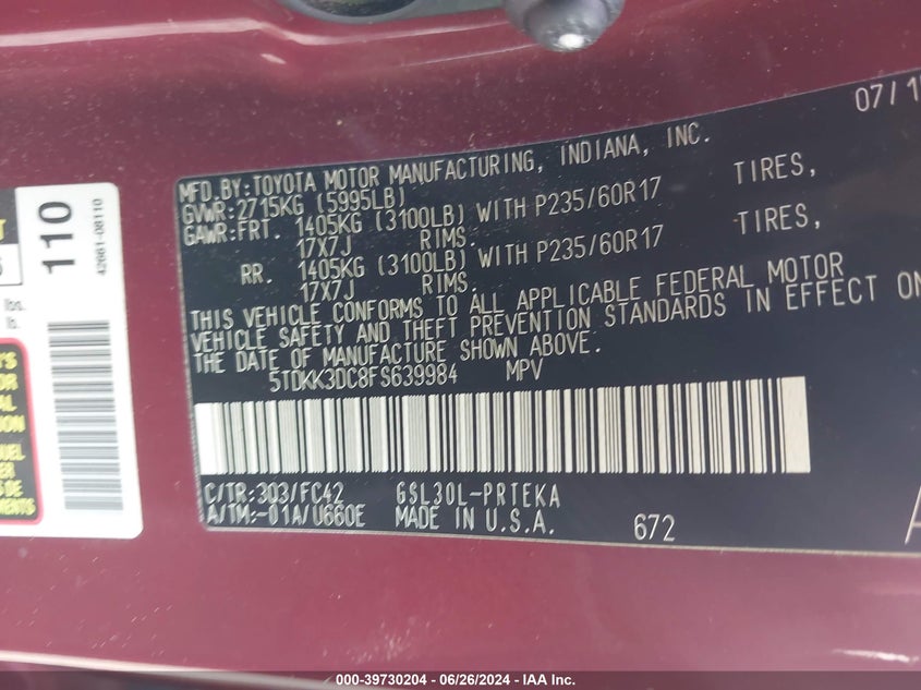 2015 Toyota Sienna Le 8 Passenger VIN: 5TDKK3DC8FS639984 Lot: 39730204