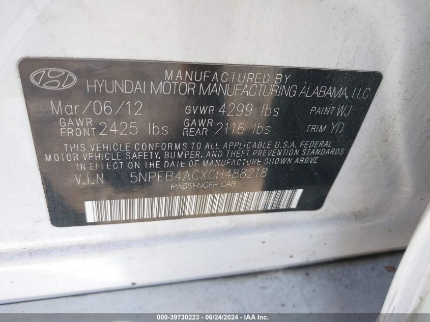 5NPEB4ACXCH488218 | 2012 HYUNDAI SONATA