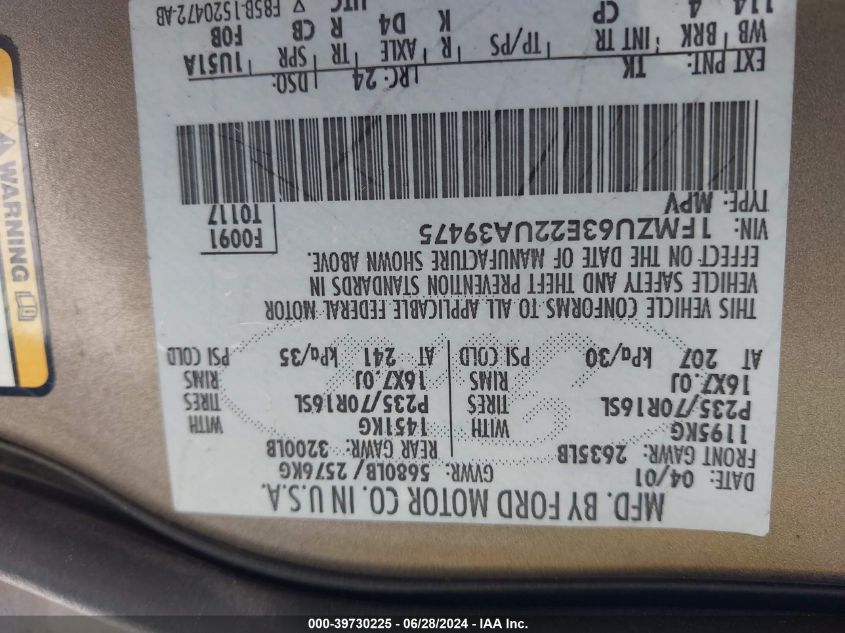 2002 Ford Explorer Xlt VIN: 1FMZU63E22UA39475 Lot: 39730225