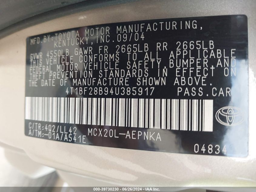 2004 Toyota Avalon Xl VIN: 4T1BF28B94U385917 Lot: 39730230