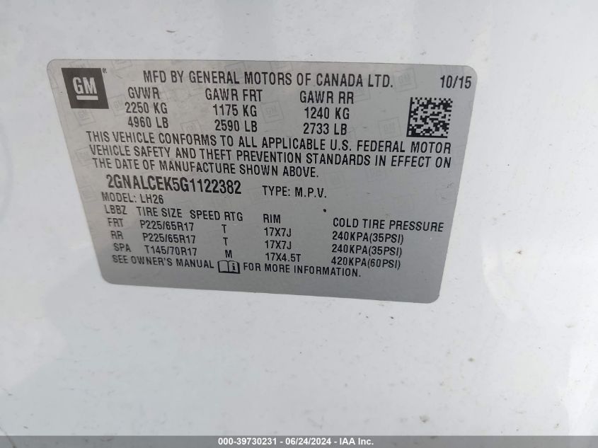 2016 Chevrolet Equinox Lt VIN: 2GNALCEK5G1122382 Lot: 39730231