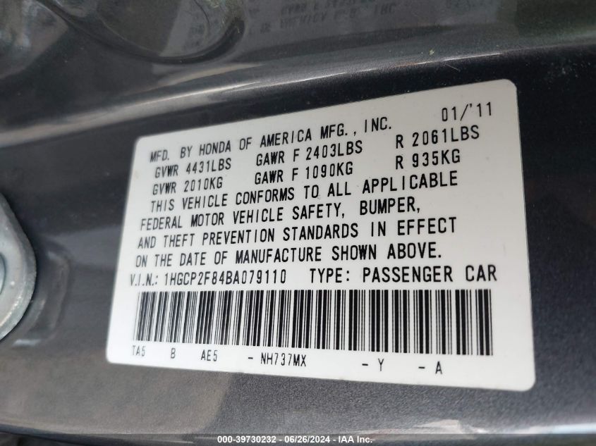 2011 Honda Accord 2.4 Ex-L VIN: 1HGCP2F84BA079110 Lot: 39730232