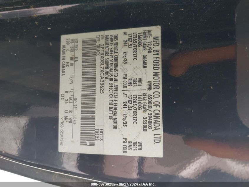 1999 Ford F150 VIN: 2FTRX08L7XCA28625 Lot: 39730252