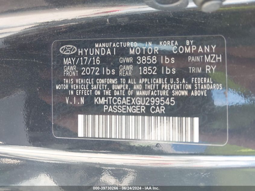 2016 Hyundai Veloster Turbo VIN: KMHTC6AEXGU299545 Lot: 39730266