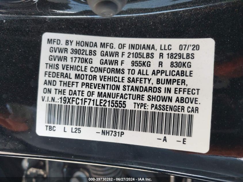 2020 Honda Civic Ex-L VIN: 19XFC1F71LE215555 Lot: 39730282