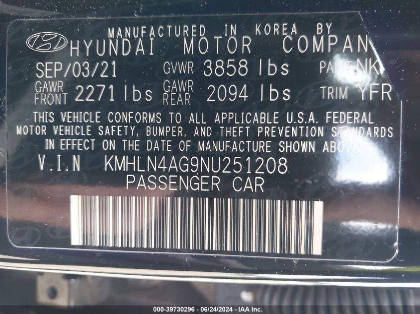 2022 Hyundai Elantra Sel VIN: KMHLN4AG9NU251208 Lot: 39730296