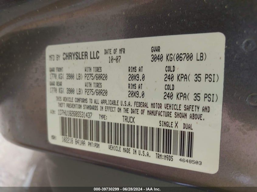 2008 Dodge Ram 1500 St/Slt VIN: 1D7HU18268S531437 Lot: 39730299