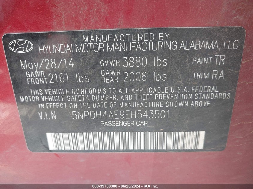 2014 Hyundai Elantra Se/Sport/Limited VIN: 5NPDH4AE9EH543501 Lot: 39730300