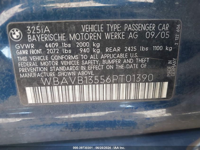 2006 BMW 325I I VIN: WBAVB13556PT01390 Lot: 39730301