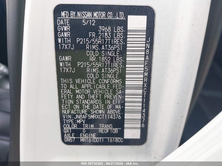 2012 Nissan Juke Sl VIN: JN8AF5MRXCT114376 Lot: 39730303