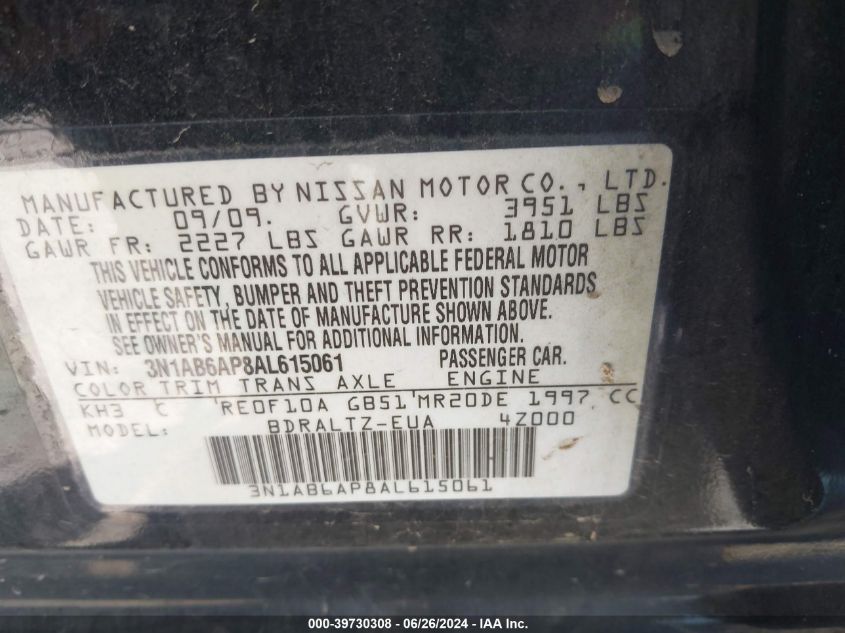 2010 Nissan Sentra 2.0S VIN: 3N1AB6AP8AL615061 Lot: 39730308