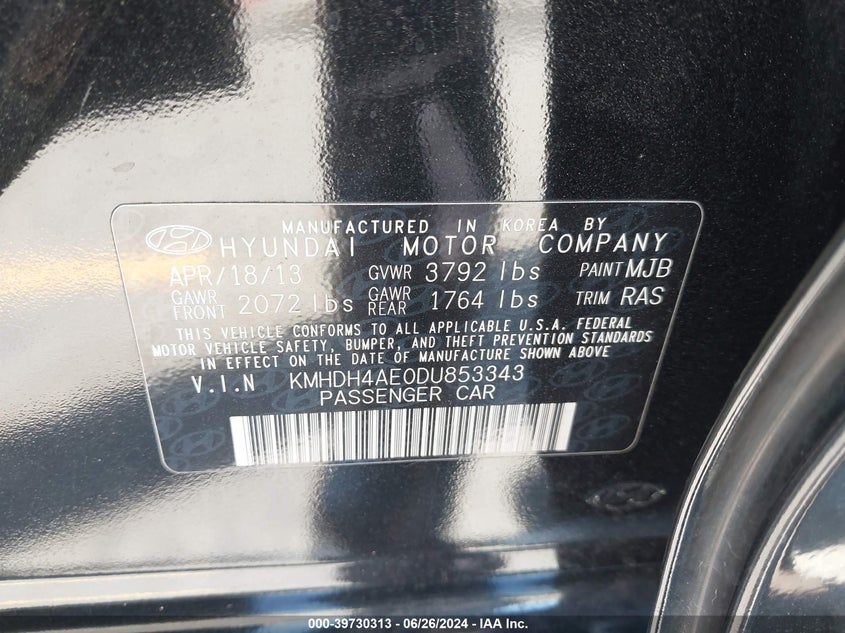 2013 Hyundai Elantra Gls VIN: KMHDH4AE0DU853343 Lot: 39730313