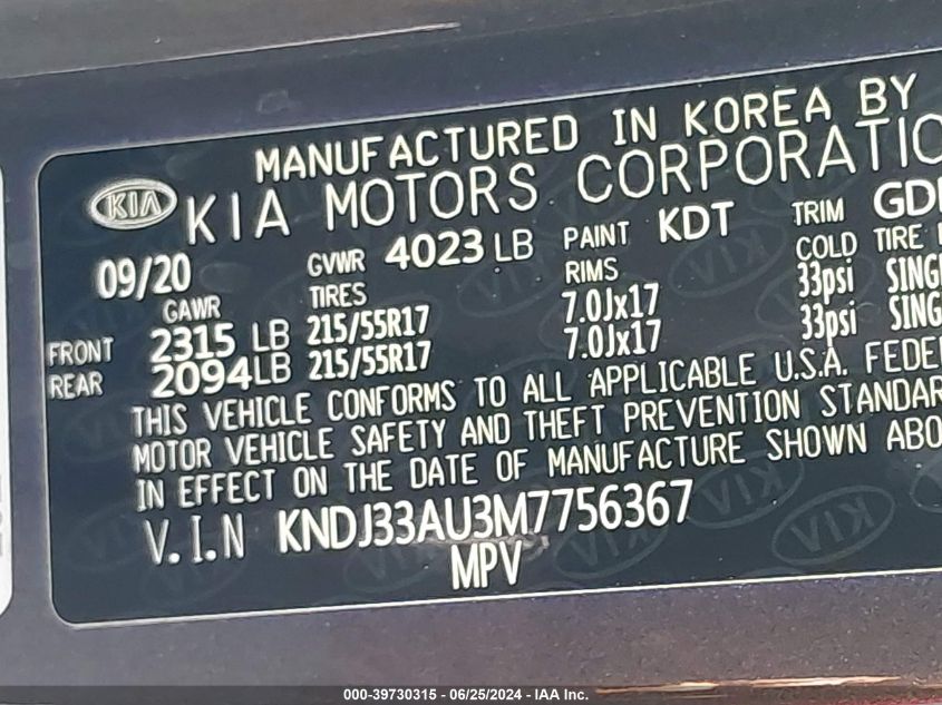 2021 Kia Soul Ex VIN: KNDJ33AU3M7756367 Lot: 39730315