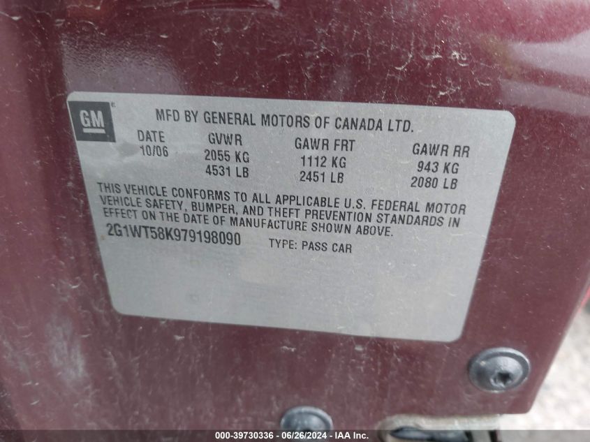 2007 Chevrolet Impala Lt VIN: 2G1WT58K979198090 Lot: 39730336