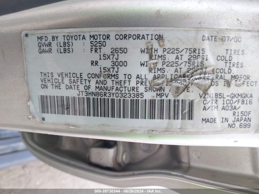 2000 Toyota 4Runner Sr5 VIN: JT3HN86R3Y0323385 Lot: 39730344
