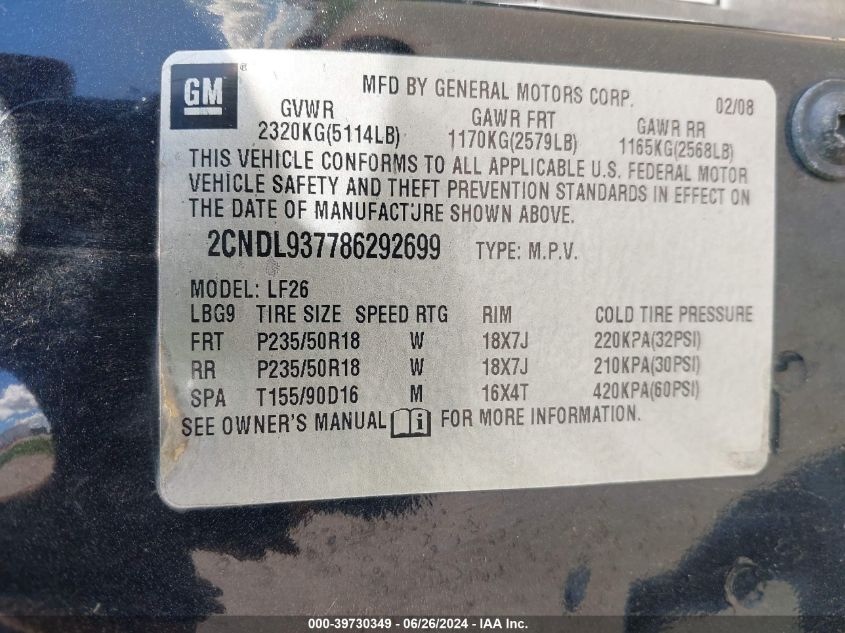 2008 Chevrolet Equinox Sport VIN: 2CNDL937786292699 Lot: 39730349