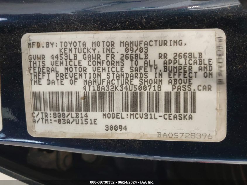 2004 Toyota Camry Se V6 VIN: 4T1BA32K34U500718 Lot: 39730352
