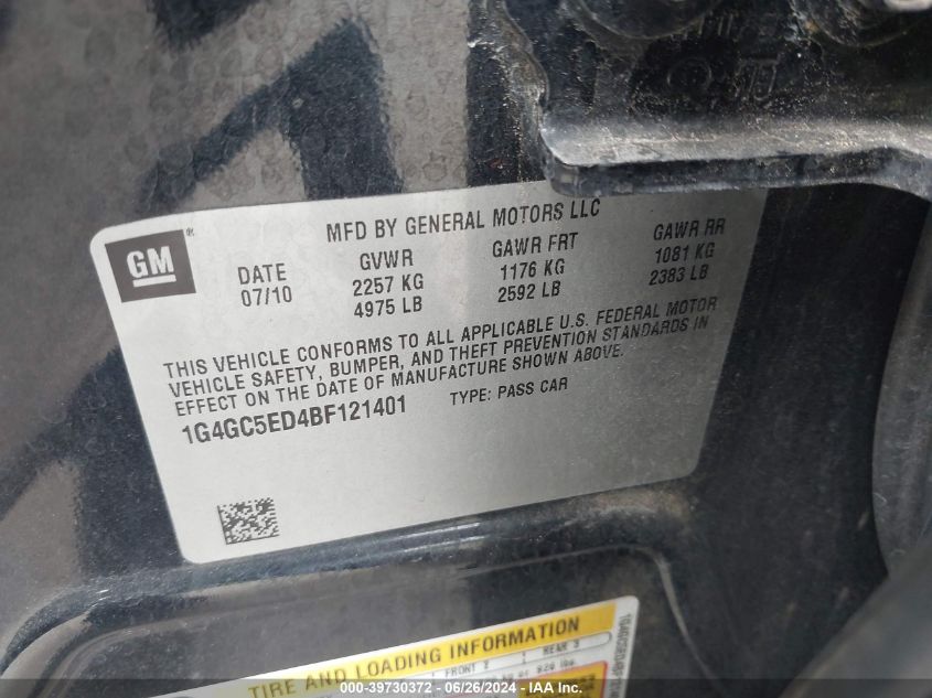 2011 Buick Lacrosse Cxl VIN: 1G4GC5ED4BF121401 Lot: 39730372