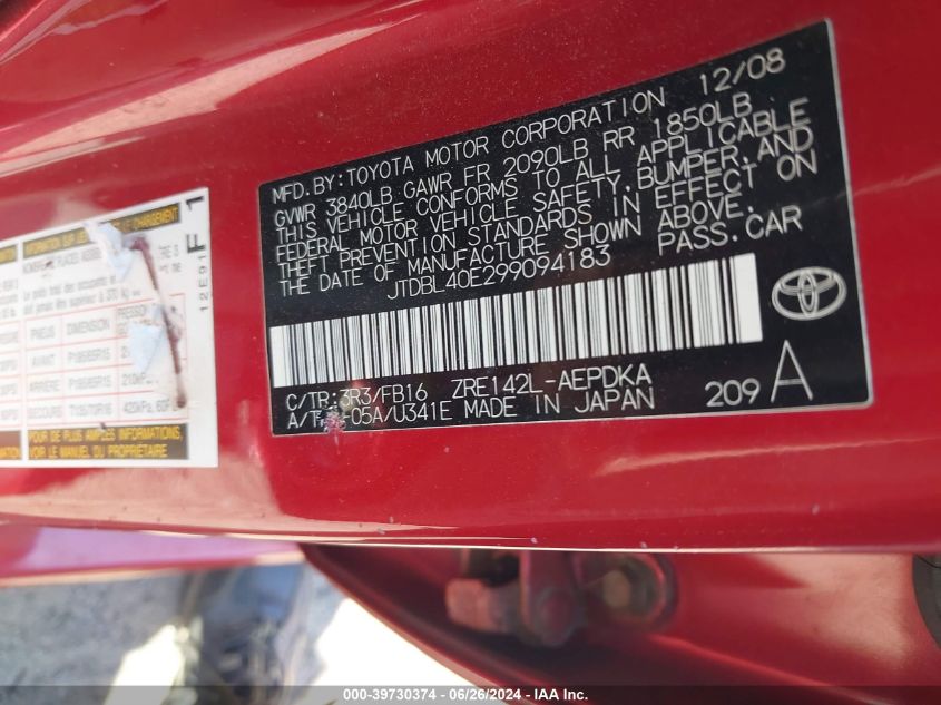 2009 Toyota Corolla Le/Xle VIN: JTDBL40E299094183 Lot: 39730374
