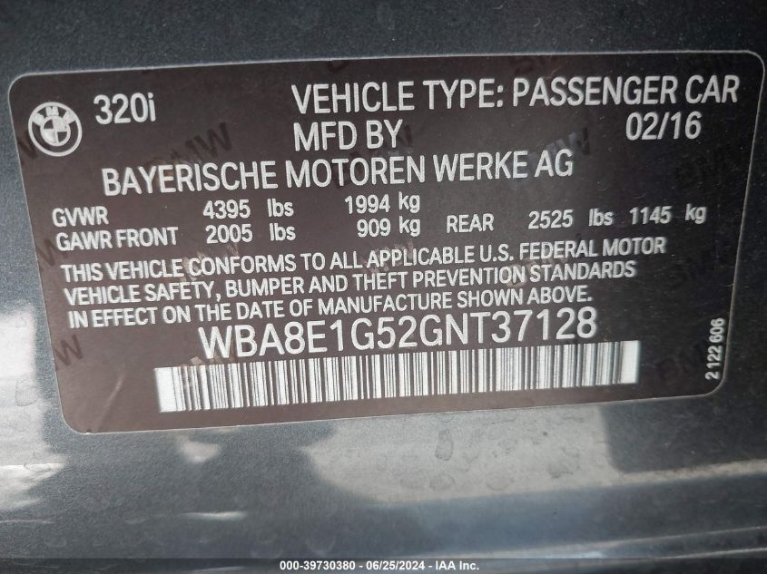 2016 BMW 320I VIN: WBA8E1G52GNT37128 Lot: 39730380