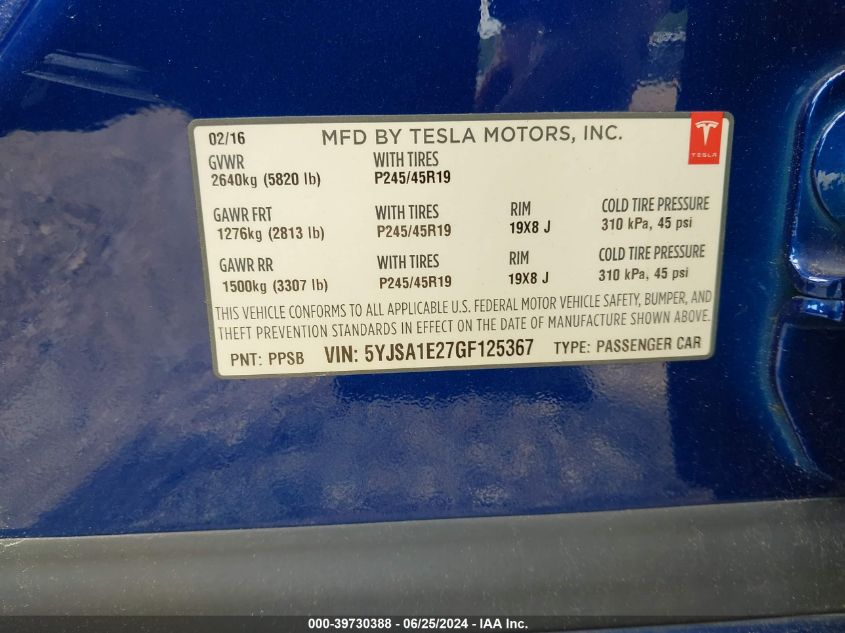 2016 Tesla Model S 60D/70D/75D/85D/90D VIN: 5YJSA1E27GF125367 Lot: 39730388