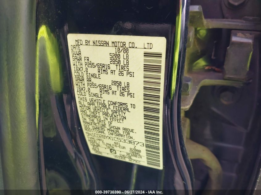 2001 Nissan Xterra Se VIN: 5N1ED28YX1C533873 Lot: 39730390