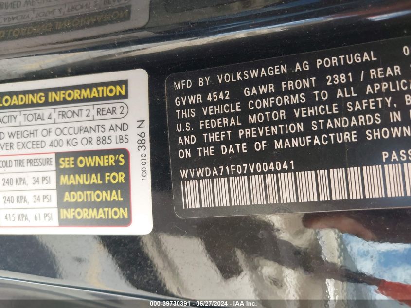 2007 Volkswagen Eos 2.0T VIN: WVWDA71F07V004041 Lot: 39730391