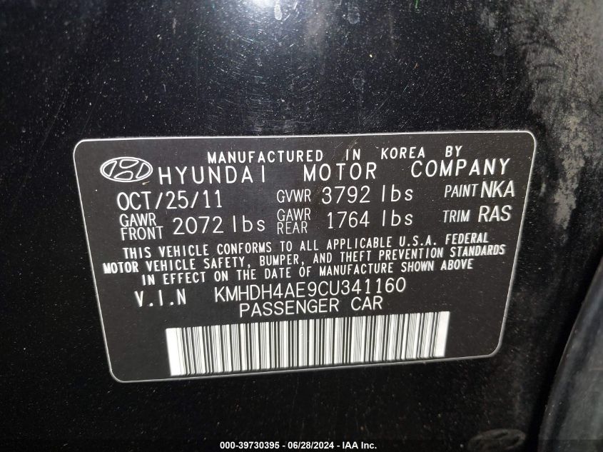 2012 Hyundai Elantra Gls (Ulsan Plant) VIN: KMHDH4AE9CU341160 Lot: 39730395
