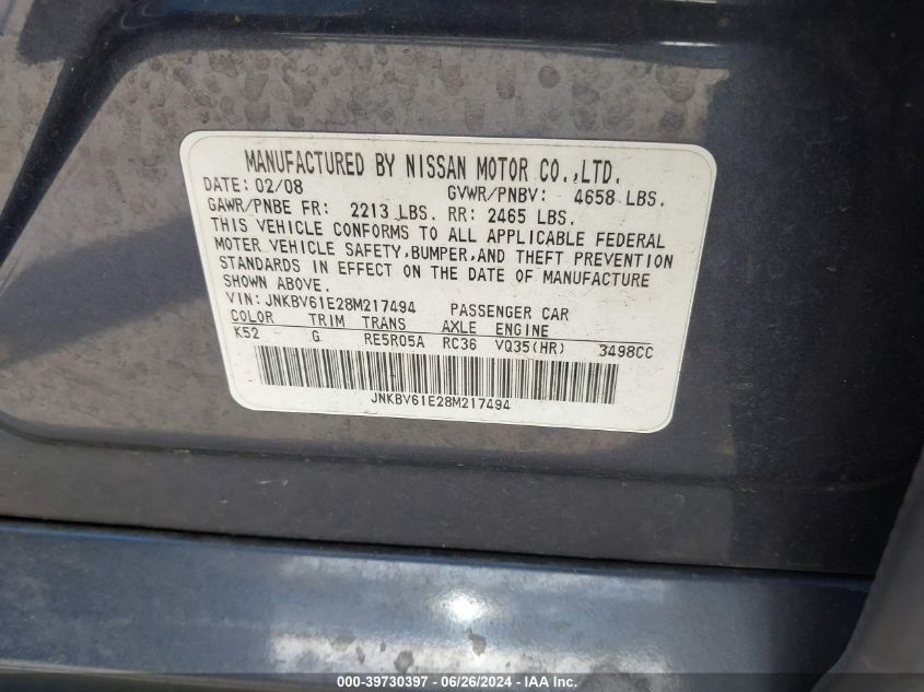2008 Infiniti G35 Journey VIN: JNKBV61E28M217494 Lot: 39730397