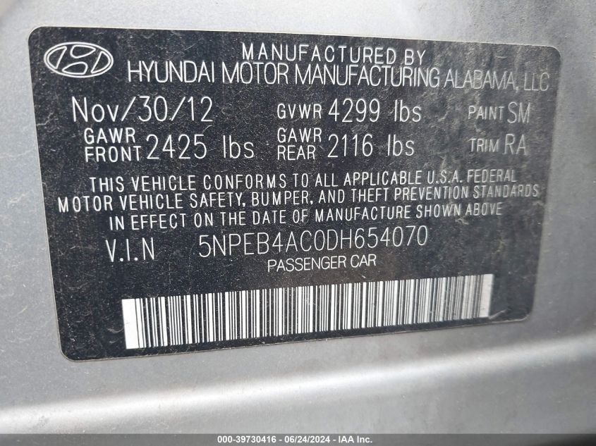 2013 Hyundai Sonata Gls VIN: 5NPEB4AC0DH654070 Lot: 39730416