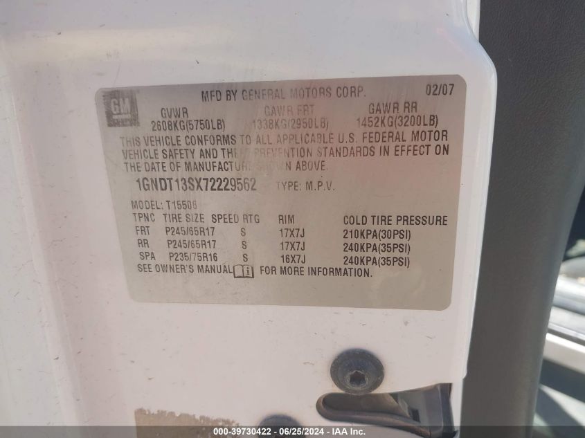 2007 Chevrolet Trailblazer Lt VIN: 1GNDT13SX72229562 Lot: 39730422