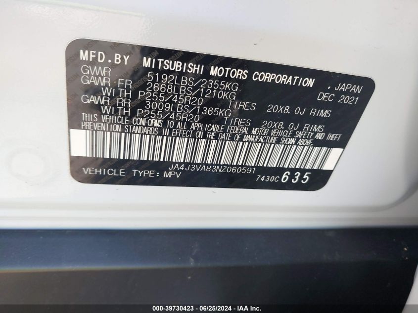 2022 Mitsubishi Outlander Sel/Sel Special Edition VIN: JA4J3VA83NZ060591 Lot: 39730423