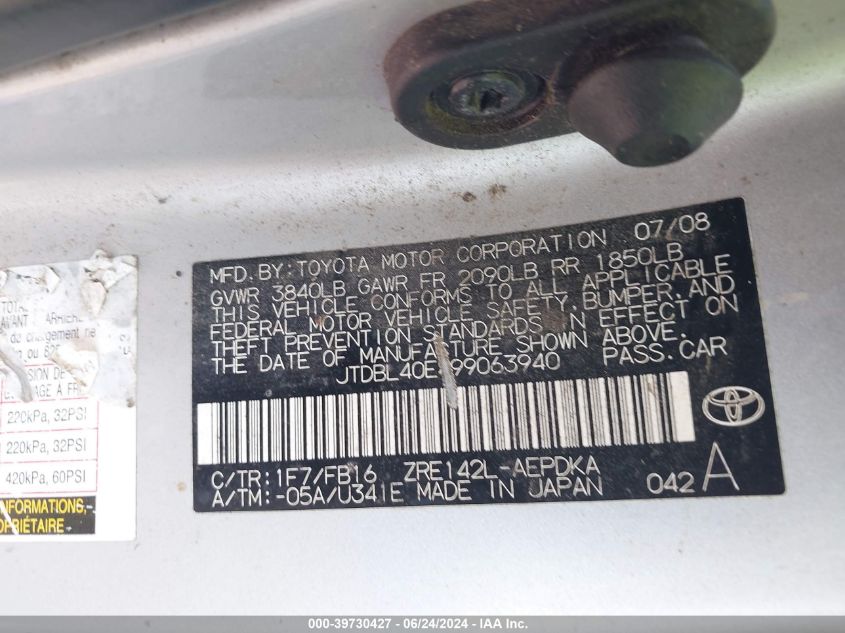 2009 Toyota Corolla Le VIN: JTDBL40E499063940 Lot: 39730427