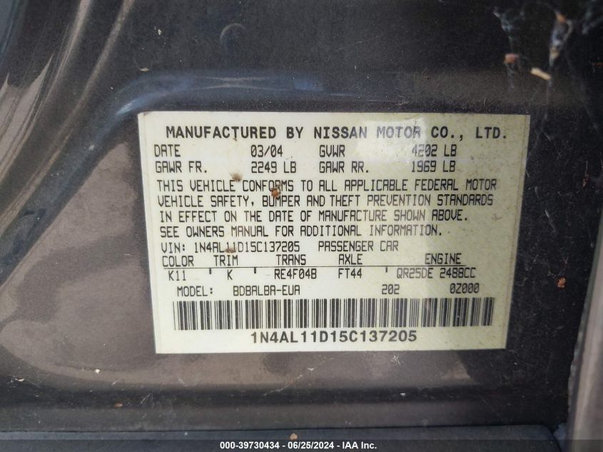 2005 Nissan Altima S/Sl VIN: 1N4AL11D15C137205 Lot: 39730434