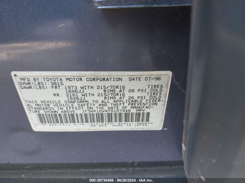 1996 Toyota Rav4 VIN: JT3HP10V4T0107948 Lot: 39730456