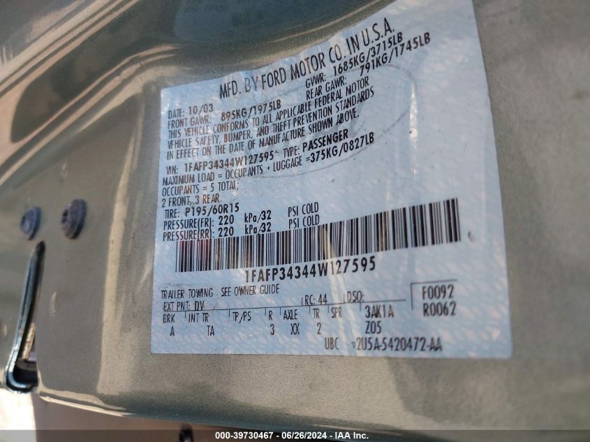 2004 Ford Focus Se VIN: 1FAFP34344W127595 Lot: 39730467