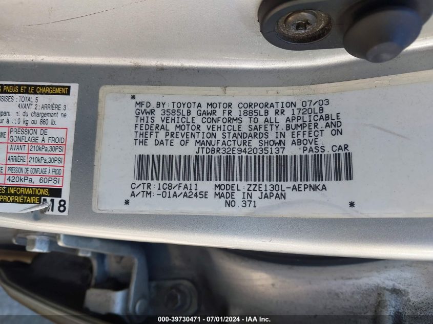 2004 Toyota Corolla Le VIN: JTDBR32E942035137 Lot: 39730471