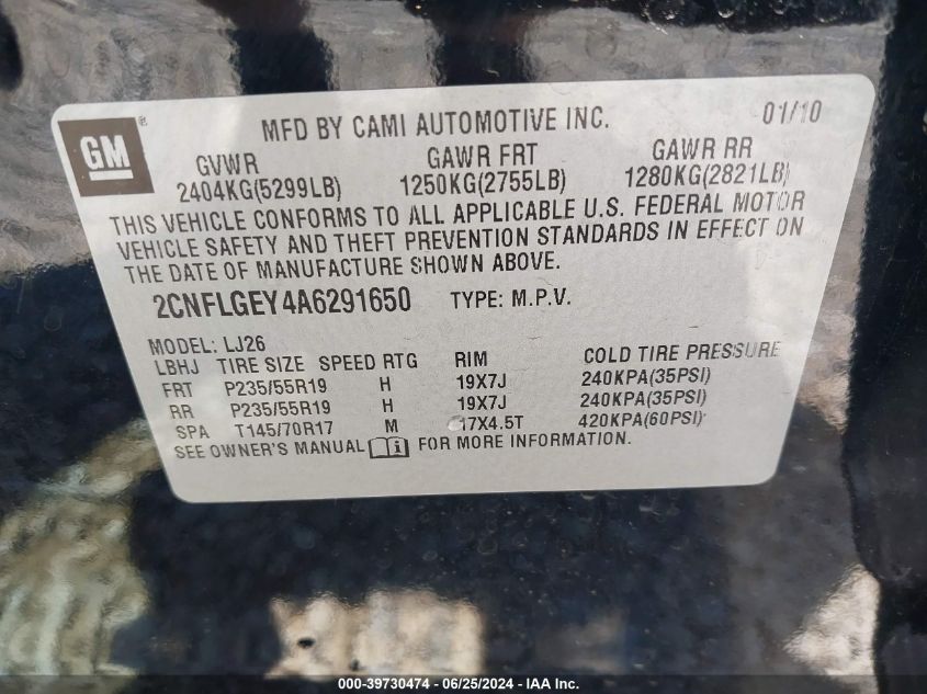 2010 Chevrolet Equinox Ltz VIN: 2CNFLGEY4A6291650 Lot: 39730474