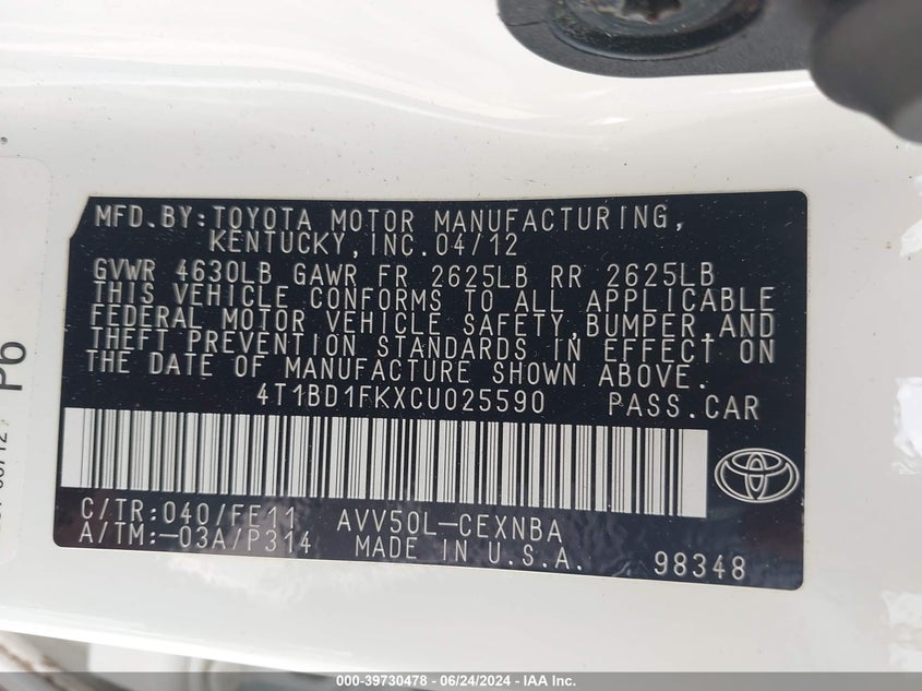 2012 Toyota Camry Hybrid Le VIN: 4T1BD1FKXCU025590 Lot: 39730478