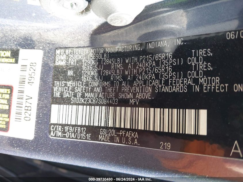 2007 Toyota Sienna Ce VIN: 5TDZK23C87S084403 Lot: 39730480