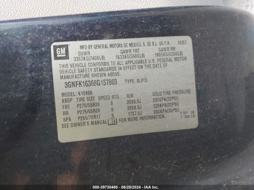 2008 Chevrolet Suburban 1500 Ltz VIN: 3GNFK16368G157803 Lot: 39730488