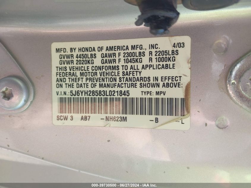 2003 Honda Element Ex VIN: 5J6YH28583L021845 Lot: 39730500