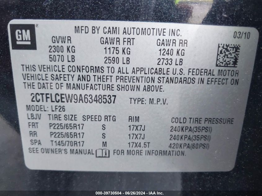 2010 GMC Terrain Sle-1 VIN: 2CTFLCEW9A6348537 Lot: 39730504