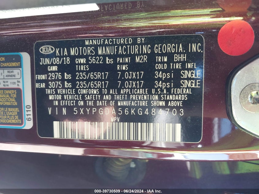 2019 Kia Sorento 3.3L Lx VIN: 5XYPGDA56KG484703 Lot: 39730509
