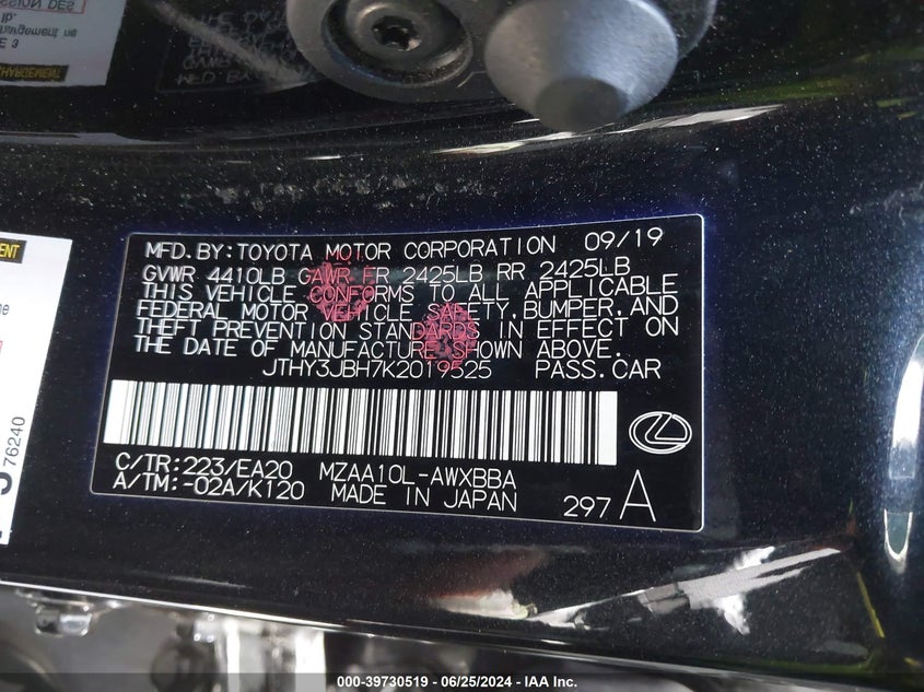 VIN JTHY3JBH7K2019525 2019 LEXUS UX 200