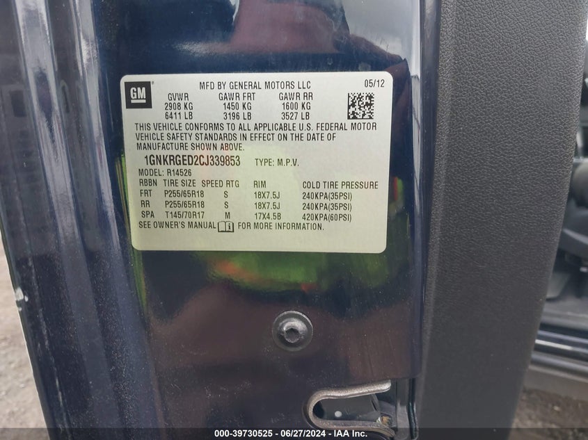 2012 Chevrolet Traverse 1Lt VIN: 1GNKRGED2CJ339853 Lot: 39730525